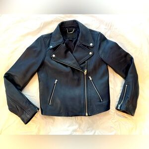 J Crew Midnight Blue Leather Motorcycle Coat Size 2